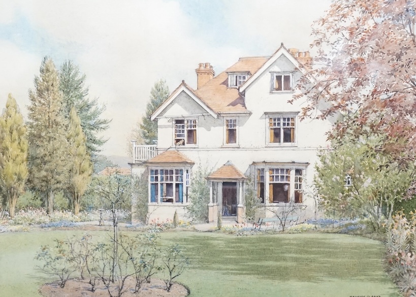 Maurice Clarke, Country house and garden scene, signed, watercolour, 26 x 36cm